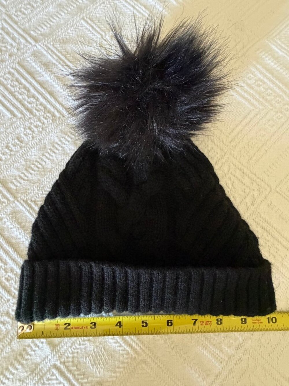 Ted Baker London Black Cable Knit Beanie Faux Fur Pom Pom Wool Cashmere